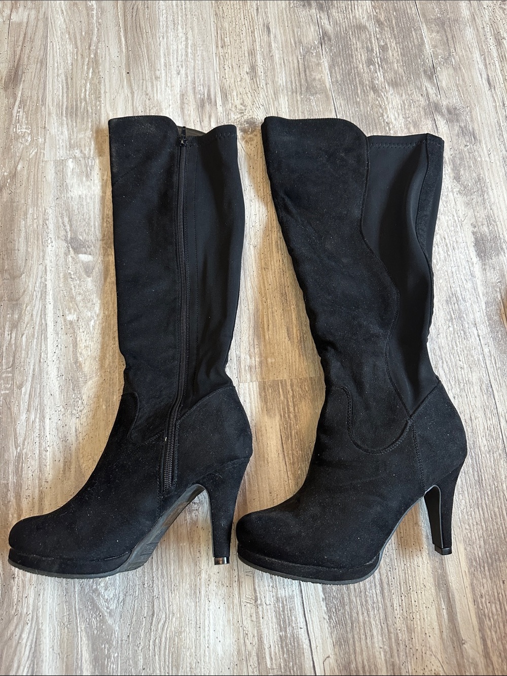 Black Knee-High Suede Boots - 8.5 stretchy calves panel zip up 3.5” heel - Picture 2 of 4